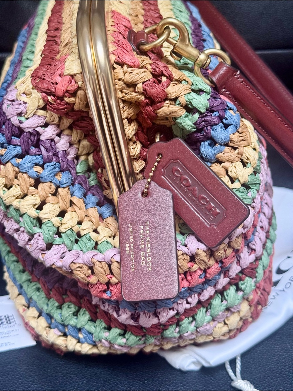 NWT COACH MULTICOLOR STRAW LARGE KISSLOCK 27 BAG CDZ29 In Multi - Picture 6 of 13
